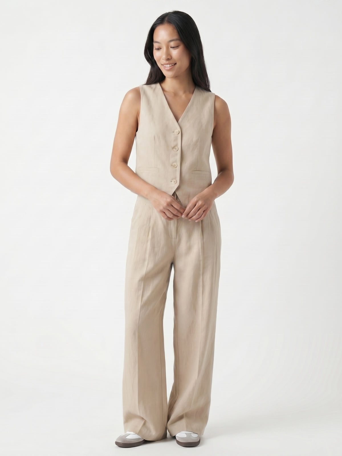 Linen Waistcoat And Wide Leg Trouser Set - Beige