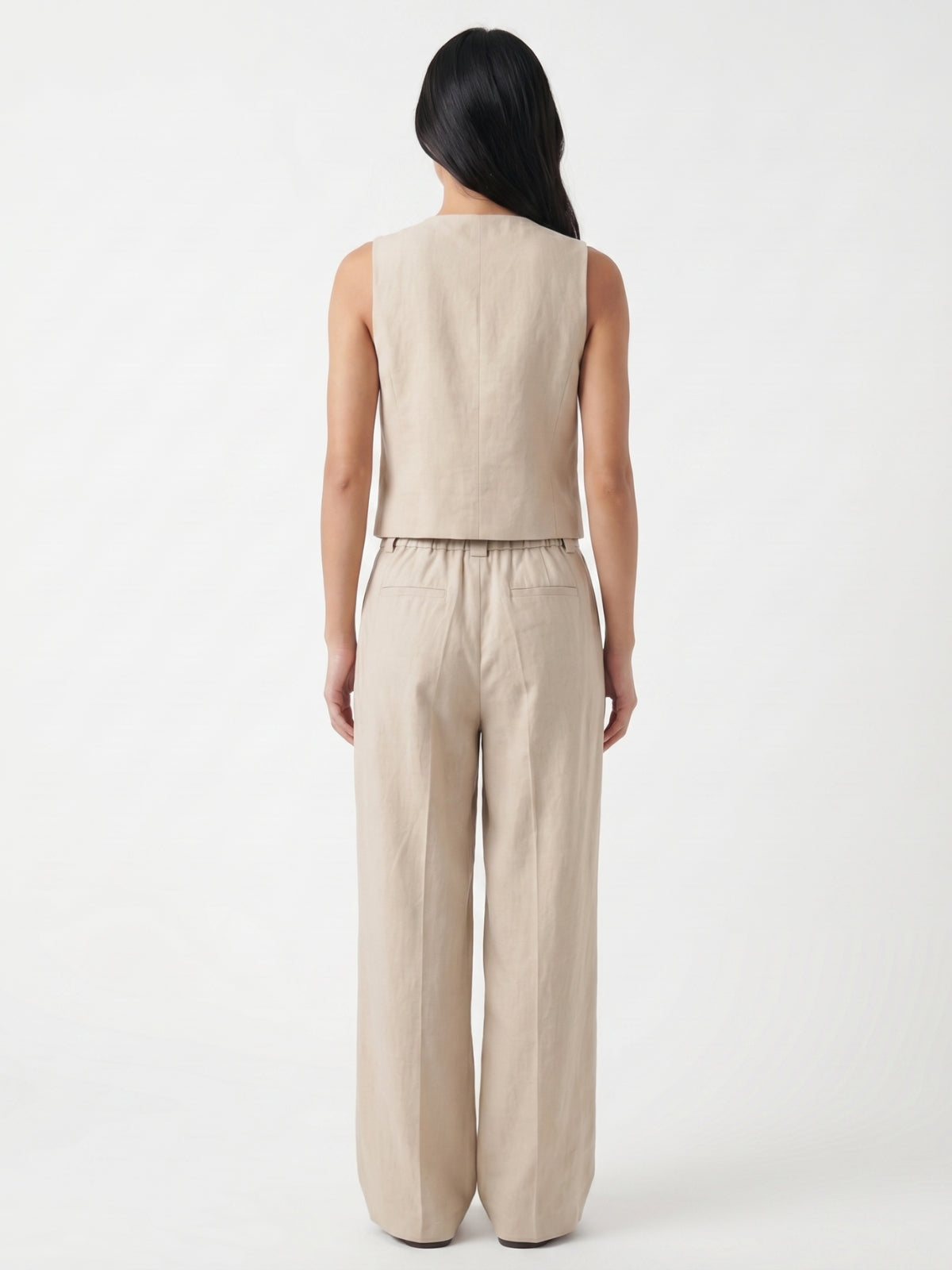Linen Waistcoat And Wide Leg Trouser Set - Beige