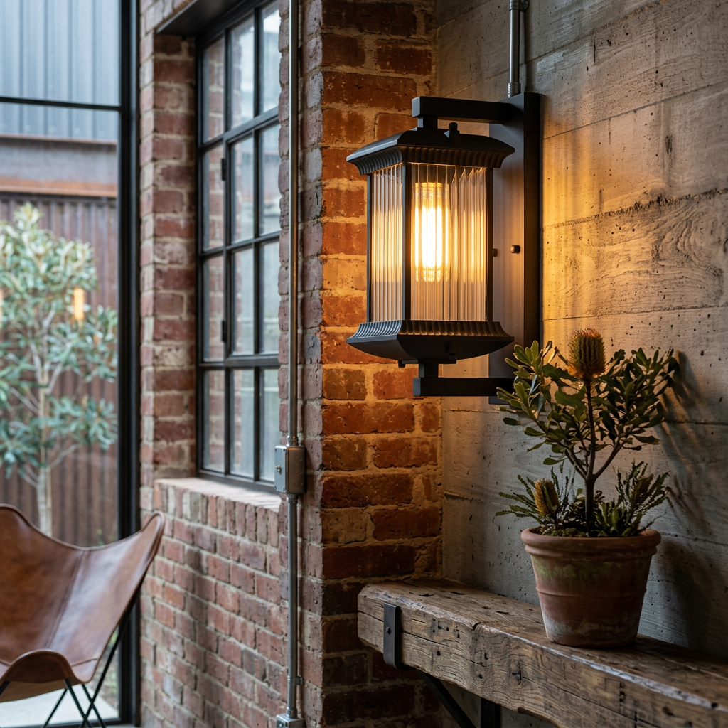 Outdoor Wall Lantern Light - Fluted Glass Porch Sconce in black