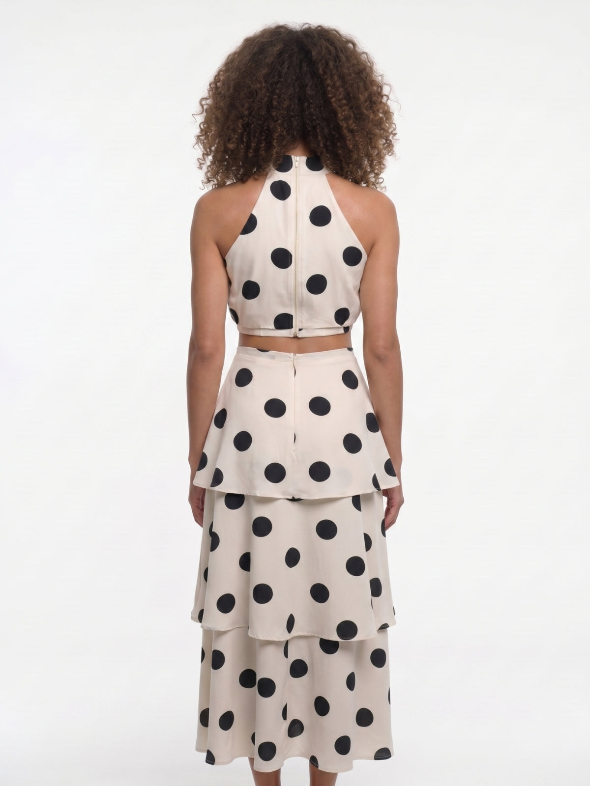 Polka Dot Halter Crop Top And Tiered Maxi Skirt Set