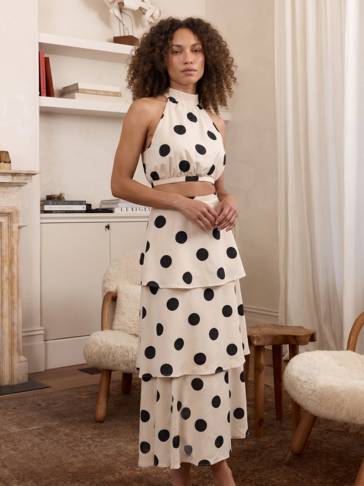 Polka Dot Halter Crop Top And Tiered Maxi Skirt Set
