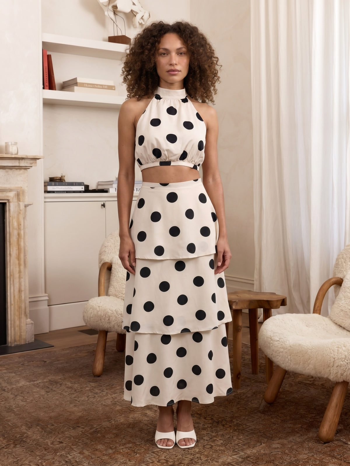 Polka Dot Halter Crop Top And Tiered Maxi Skirt Set
