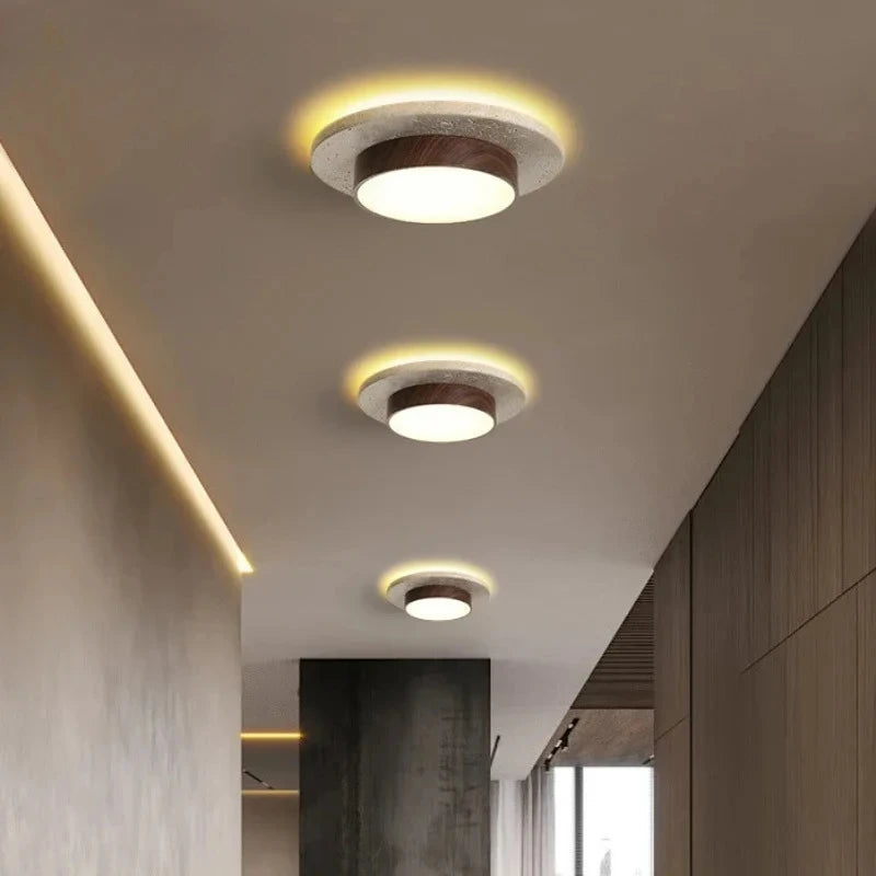 Travertine Wood Flush Mount Ceiling Light in d22cm-wood