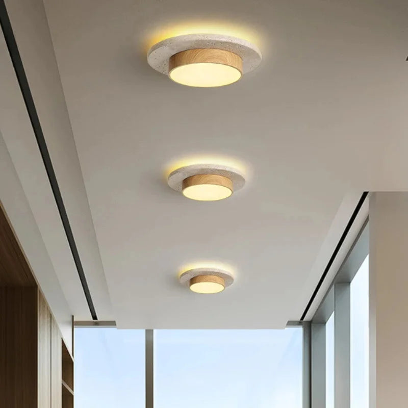 Travertine Wood Flush Mount Ceiling Light in d22cm-wood